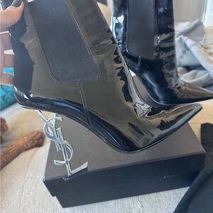 Yves Saint Laurent Patent Black Boots with Silver Heel